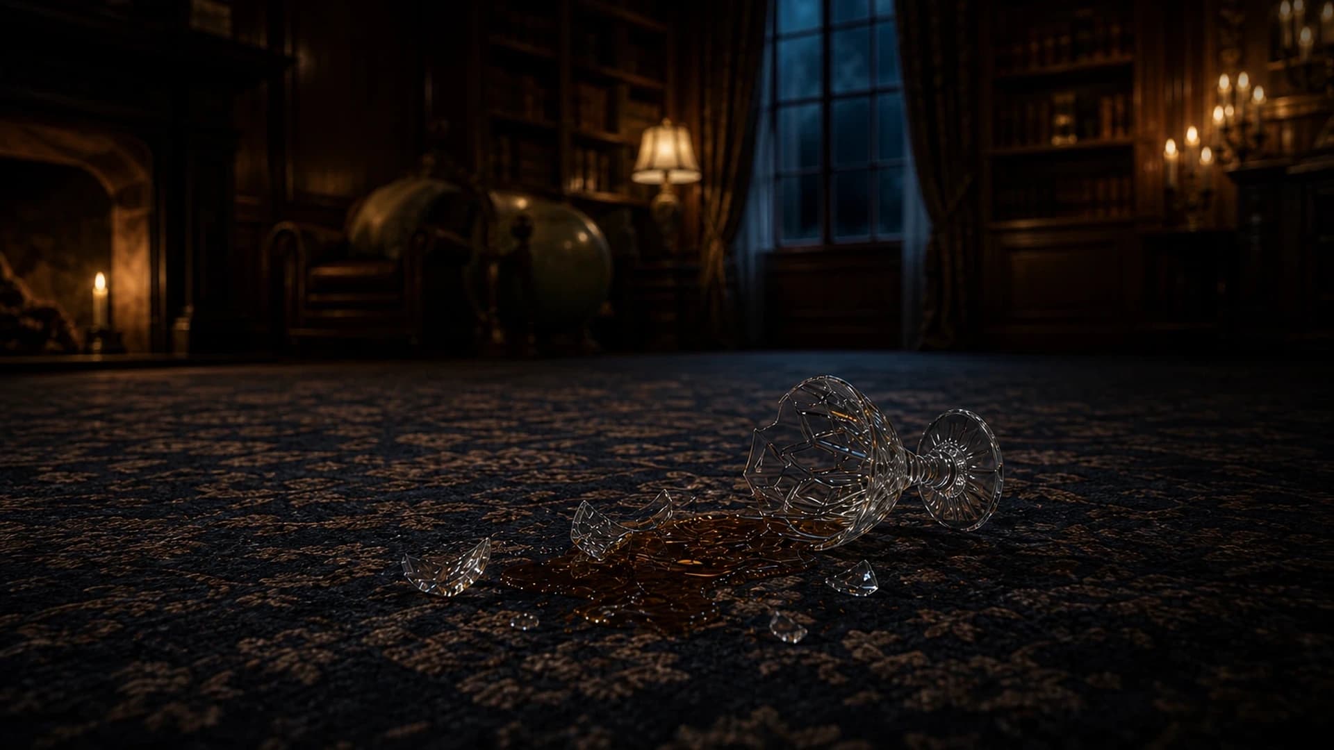 Shattered cordial glass evidence on the shared TV screen.