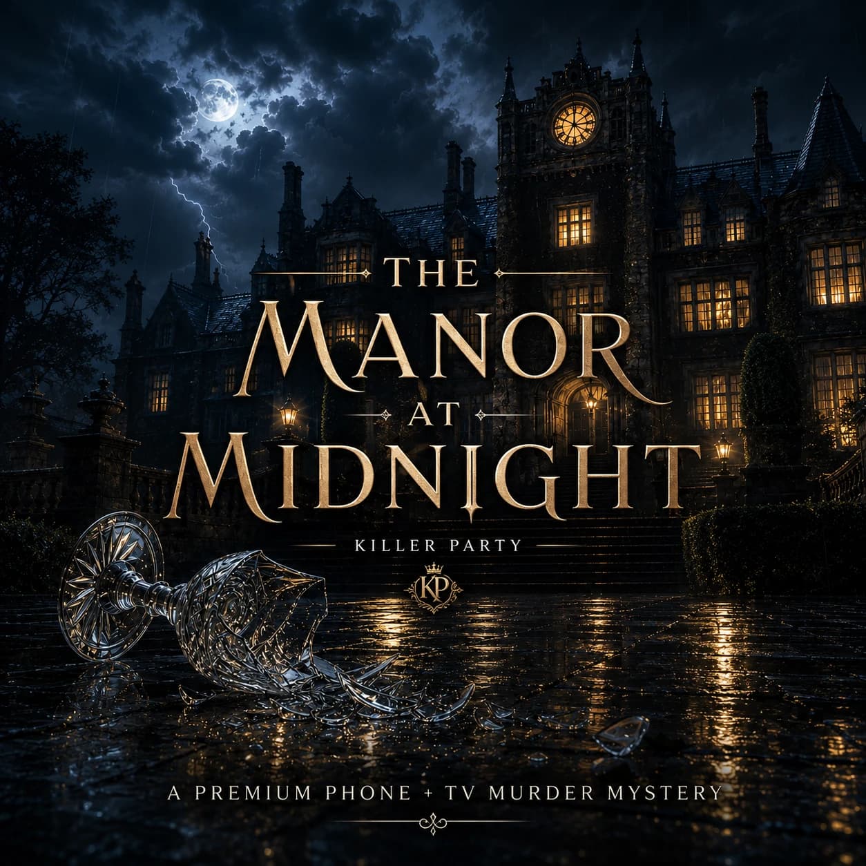 Official The Manor at Midnight artwork showing Ashcroft Manor in a storm, a broken cordial glass, and the game title.